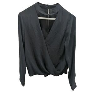 Women's Size Small Forever 21 Blouse Black Shirt Top Sheer V neck Collar EUC